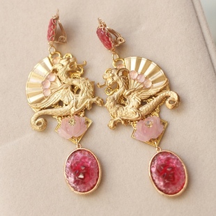 原創(chuàng)設(shè)計221歐美中古粉色老琉璃askew 如意 london風(fēng)飛龍耳夾耳環(huán)