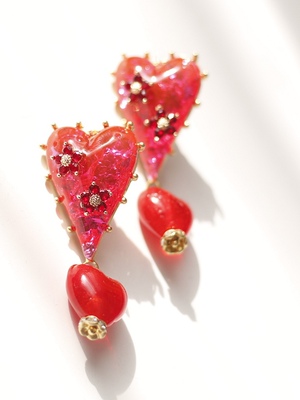 荧光芭比粉爱心果冻琉璃耳钉耳夹