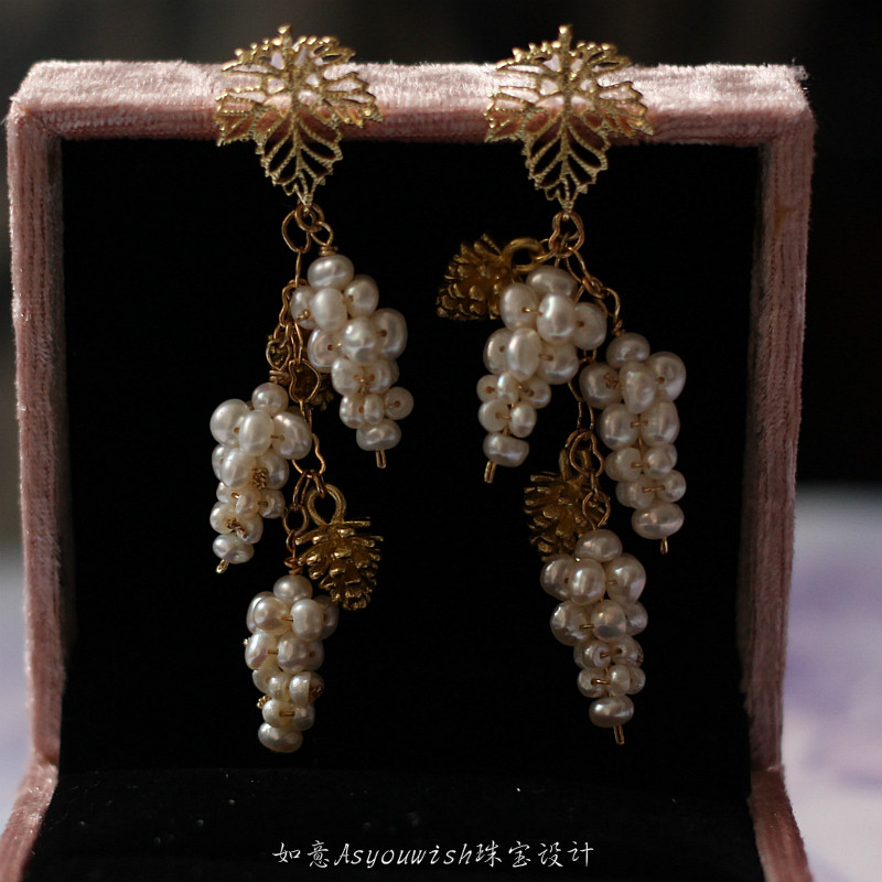 如意|欧美艺术家原创设计手工编织天然珍珠葡萄复古耳环夹vintage,饰品/流行首饰/时尚饰品新,耳环,淘宝优惠券,粉丝福利购,淘宝优惠卷