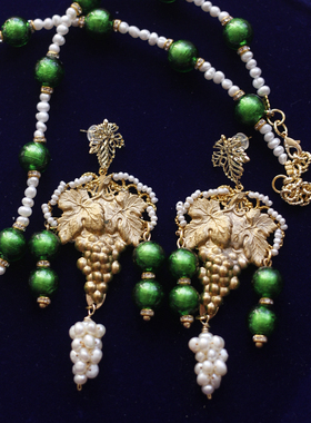 Asuw216原创设计葡萄老琉璃珍珠欧美中古耳环扫肩耳夹项链vintage