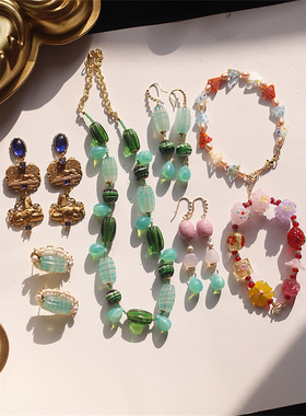 如意|原创设计欧美回流祖母绿老琉璃ASKEW LONDON风耳环耳夹项链