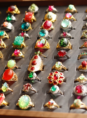 圣诞元旦新年红绿老琉璃意大利欧美中古复古活口调节戒指vintage