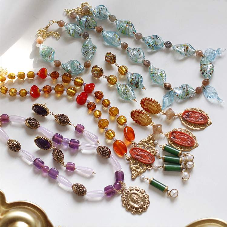 原创欧美回流人像老琉璃项链耳环