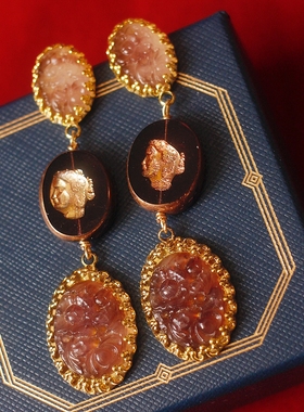 如意原创设计稀有酱紫色老琉璃雕刻花卉中古董Vintage耳环耳夹女