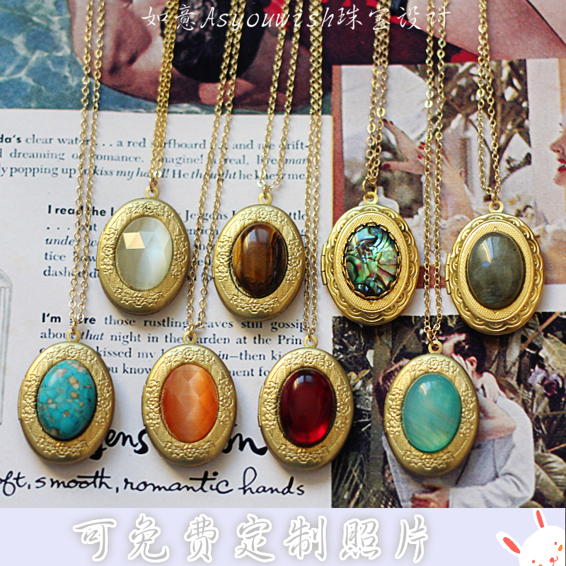 如意|欧美中古天然石香膏盒相片盒吊坠项链毛衣链回流首饰vintage