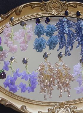 如意Beading08原创设计串珠花卉捷克中古复古风耳夹耳环vintage女