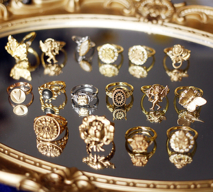 如意|原创设计欧美中古董老黄铜戒指活口可调节银镀金复古vintage