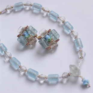 如意Beading07原创设计西德玫瑰琉璃中古耳夹耳环项链套装vintage