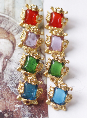 Asuw法国巴黎玻璃琉璃铜镀24K厚金熔岩复古艺术耳钉耳夹活口戒指