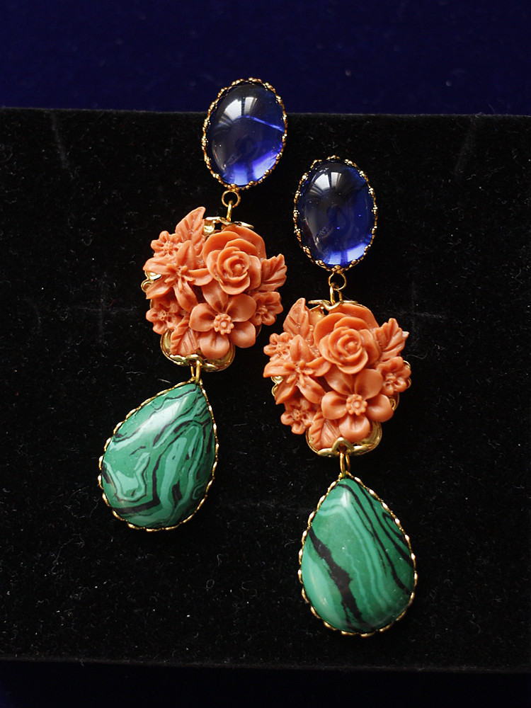 Asuw原创设计193花卉欧美巴黎宝蓝色老琉璃中古董耳环耳夹vintage,饰品/流行首饰/时尚饰品新,耳环,淘宝优惠券,粉丝福利购,淘宝优惠卷