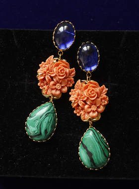 Asuw原创设计193花卉欧美巴黎宝蓝色老琉璃中古董耳环耳夹vintage