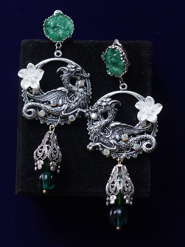 飞龙祖母绿老琉璃中古耳环耳夹