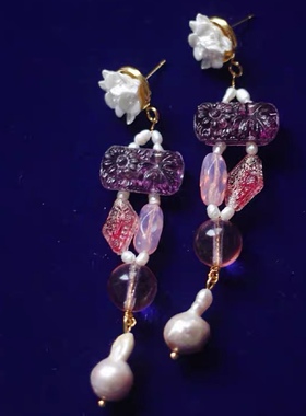 Asuw原创设计198欧美雕花老琉璃串珠中古董花卉耳环耳夹vintage女