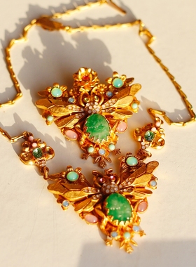 Askew London正品中古董复古艺术珠宝蜜蜂老琉璃胸针项链vintage