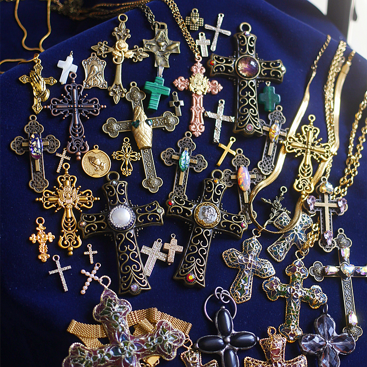 意大利欧美进口彩色珐琅中古董天然珍珠吊坠vintage十字架长项链