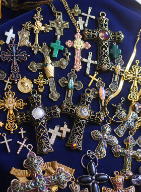 意大利欧美进口彩色珐琅中古董天然珍珠吊坠vintage十字架长项链