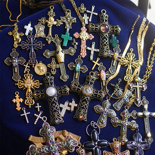 意大利欧美进口彩色珐琅中古董天然珍珠吊坠vintage十字架长项链