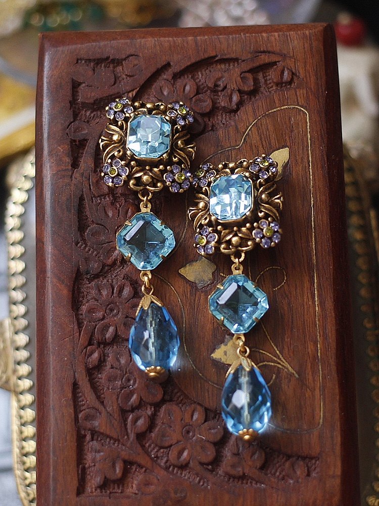 askew london英国正品花卉天空蓝色莱茵石耳夹中古董vintage耳环