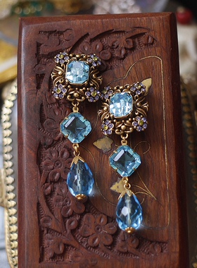 Askew London英国正品花卉天空蓝色莱茵石耳夹中古董vintage耳环