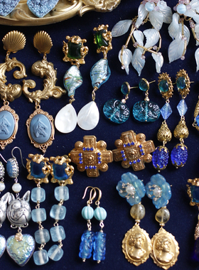 欧美夸张扫肩中古董复古蓝老琉璃ASKEW LONODON风格耳环夹vintage