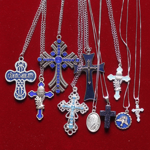 欧美回流进口意大利中古董复古蓝色十字架秋冬毛衣链项链vintage