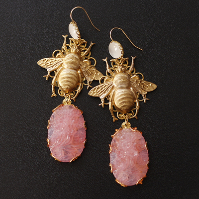 蜜蜂樱花粉琉璃耳环耳夹vintage