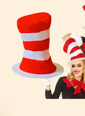 万圣节帽子里的猫Dr Seuss苏斯博士帽子cosplay扮演红白条纹高帽