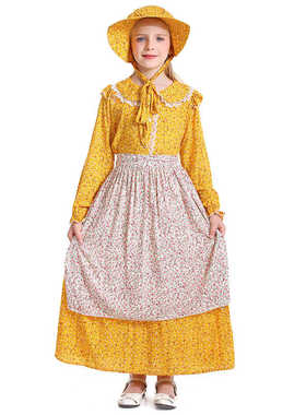 黄色碎花殖民地女孩 草原先锋开拓者服装 欧洲中世纪田园风连衣裙