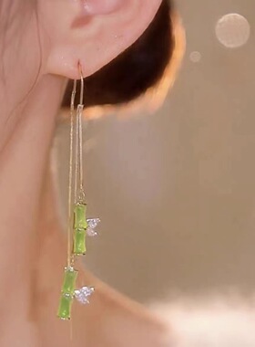 绿色竹节耳线女时尚气质设计轻奢