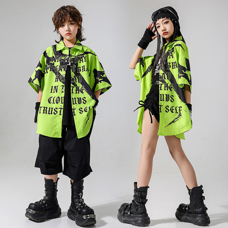 嘻哈风少儿街舞服装炸街hiphop架子鼓演出服T恤工装裤子套装潮服
