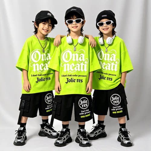 街舞儿童潮服宽松绿色短袖中裤嘻哈风酷帅套装男童hiphop潮装女孩
