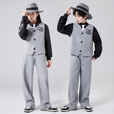 男女童儿童爵士舞套装西装马甲潮服Popping街舞演出服locking锁舞