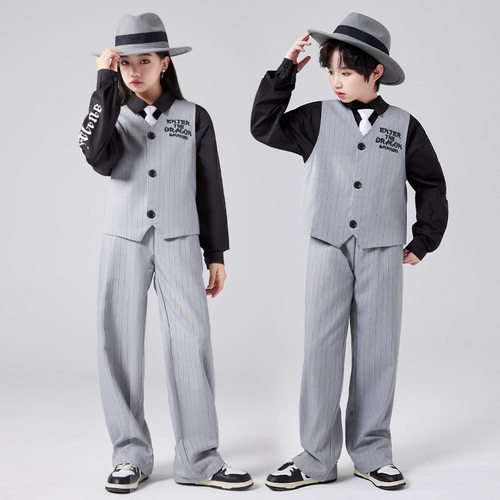 男女童儿童爵士舞套装西装马甲潮服Popping街舞演出服locking锁舞