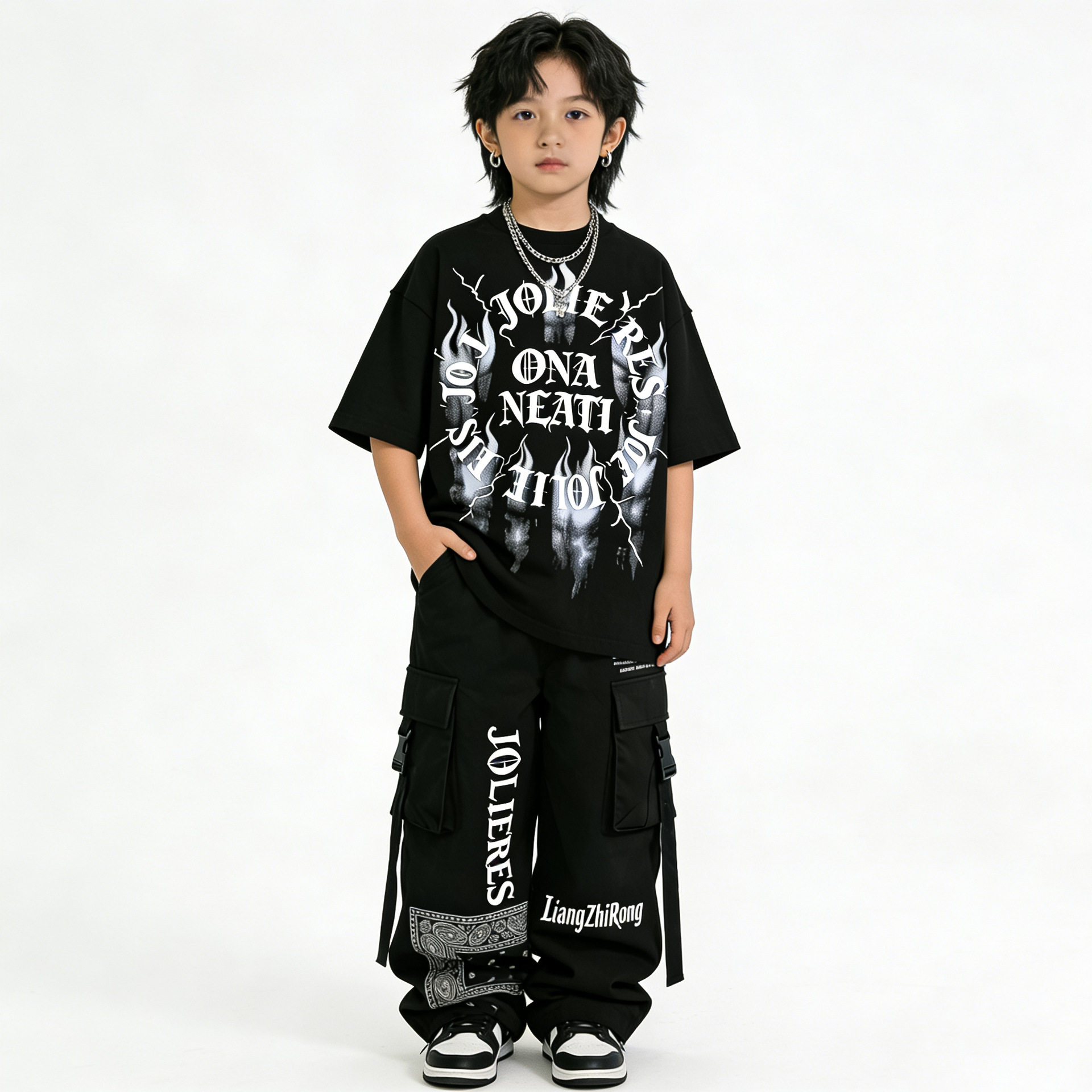 街舞儿童潮服酷帅男童黑短袖长裤嘻哈风套装少儿hiphop女孩爵士舞