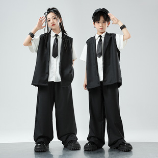 少儿街舞popping儿童爵士舞表演西裤黑马甲衬衫套装演出服locking