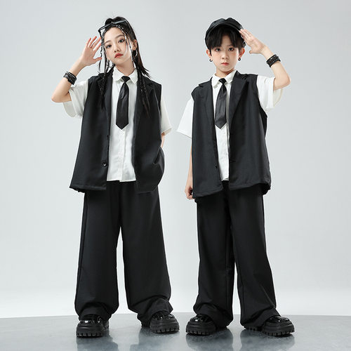 少儿街舞popping儿童爵士舞表演西裤黑马甲衬衫套装演出服locking