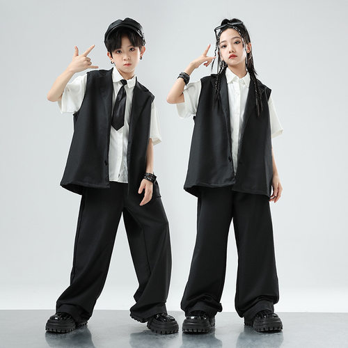 街舞儿童潮服男童locking机械舞演出服西装套装走秀女爵士表演服