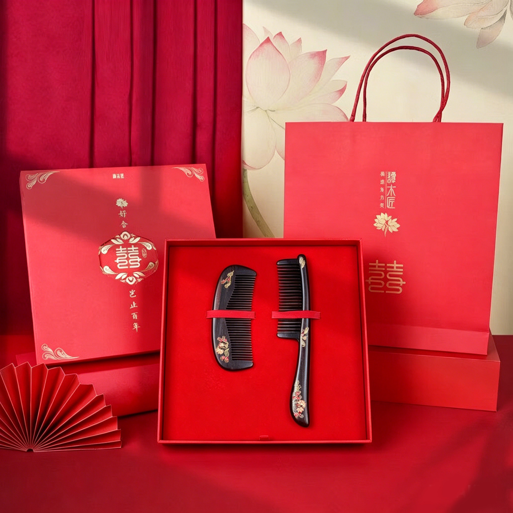 谭木匠正品婚庆礼盒对梳百年好合馈赠亲友结婚礼物礼品彩绘实木梳图片