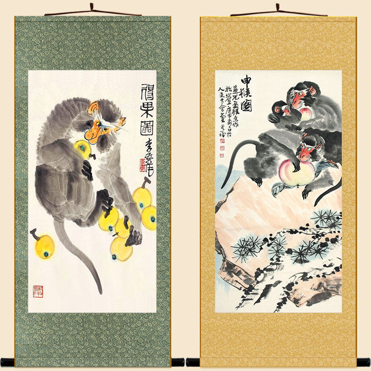 猴子得果图 申猴画像 绢布材质卷轴挂画 中式装饰画来图定制订做