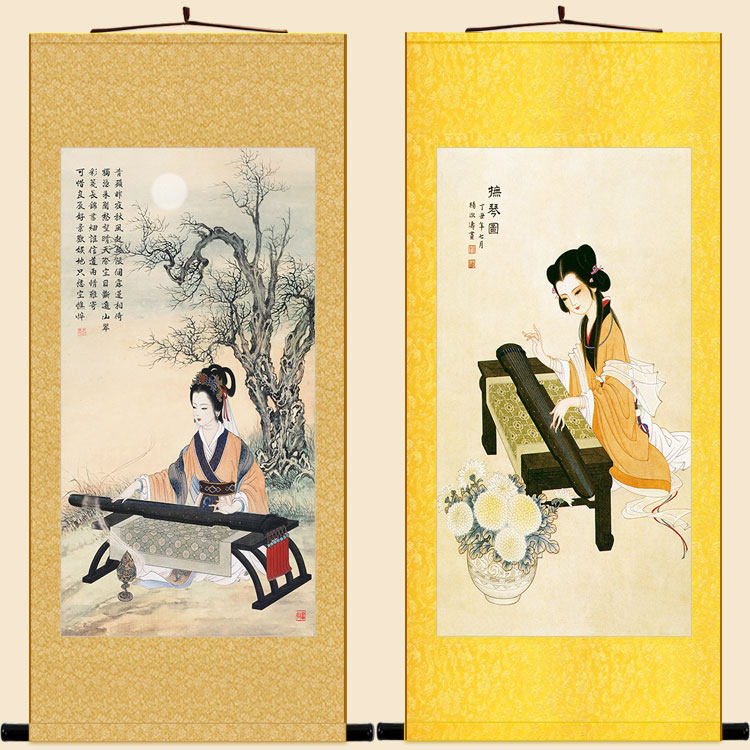古筝仕女抚琴图 古代人物画像卷轴挂画 中式复古装饰字画定制订做