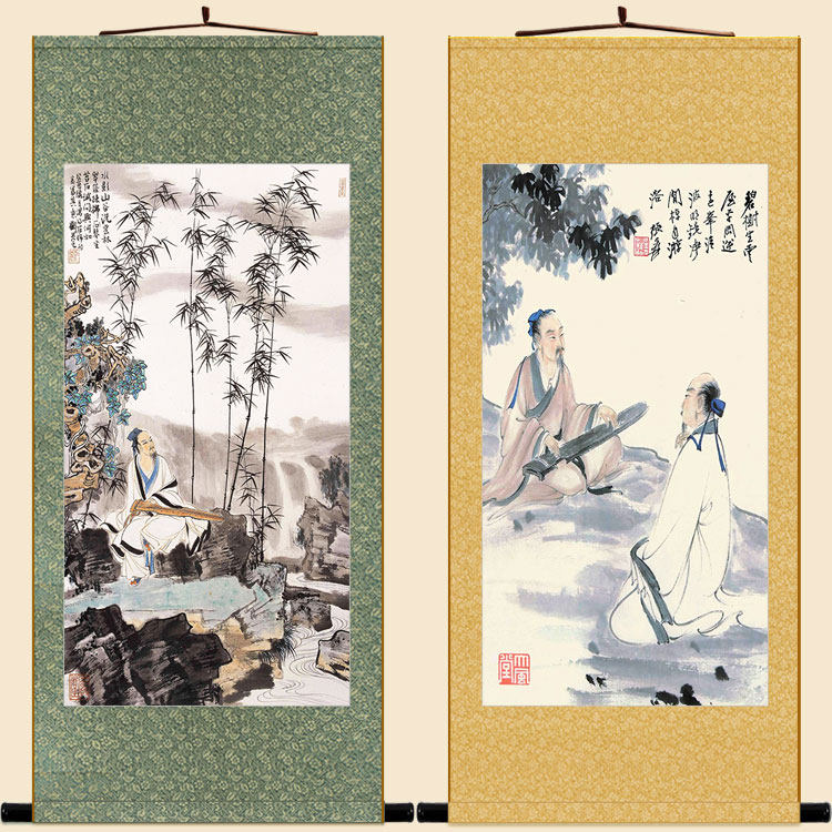 高士抚琴图 古代人物弹琴古筝画像卷轴挂画 中式复古装饰字画定制