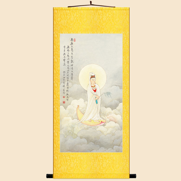 一叶观音图 莲花花瓣云中杨枝观世音菩萨画像装饰画 丝绸卷轴挂画