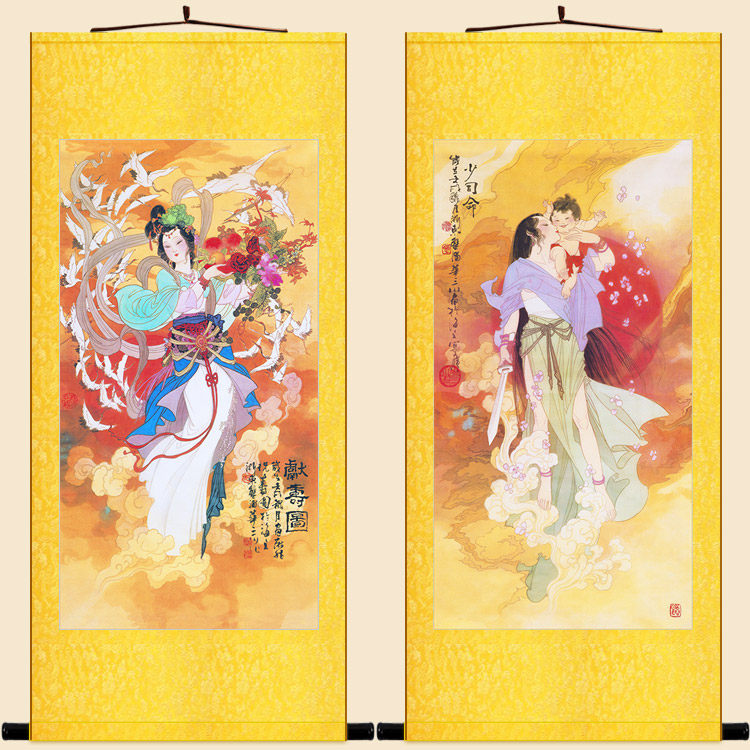 神女献寿图 少司命送子图 仙女神仙复古装饰画绢布卷轴挂画丝绸画