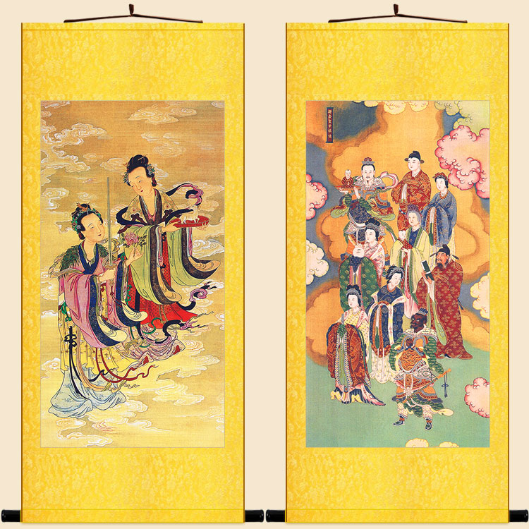 明清古画水陆画 卫房元君娘娘神像画 擎羊陀罗尊者卷轴挂画绢布画