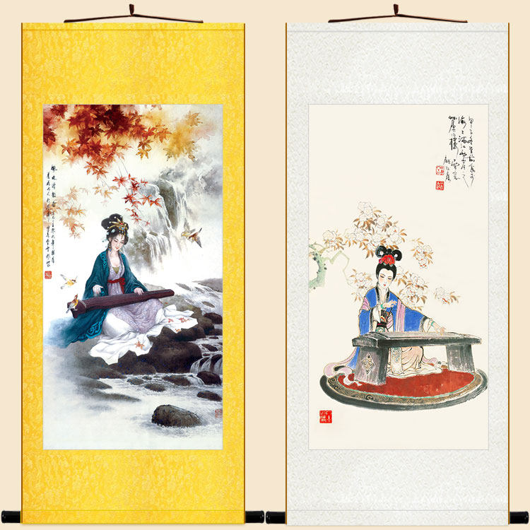 仕女抚琴图 古筝弹琴人物画像卷轴挂画 中式复古装饰字画定制订做
