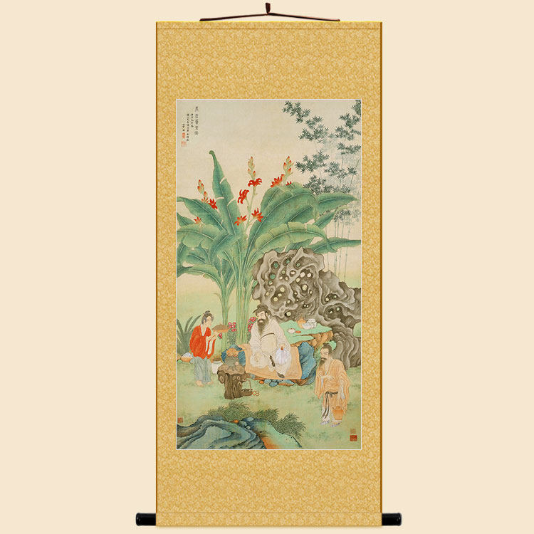 茶仙卢仝人物画 玉川煮茶图 古代人物书房装饰字画 绢布卷轴挂画