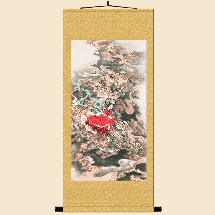 龙女图人物画像  仕女乘龙降龙中式装饰画 复古绢布卷轴挂画定制