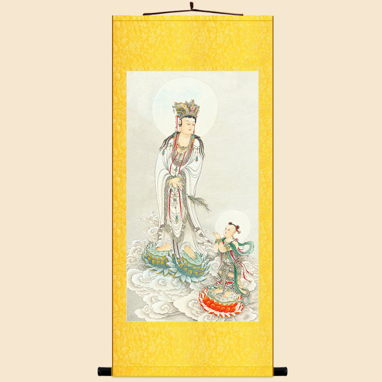 高清童子拜观音图 南海杨枝观世音菩萨画像装饰画 丝绸画卷轴挂画