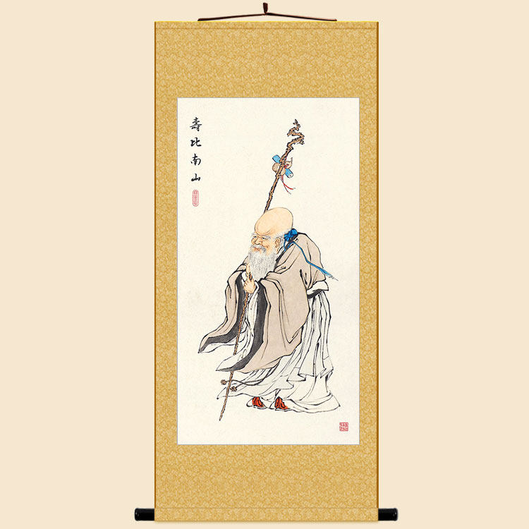 寿比南山图 寿星画像挂画 南极老人仙翁丝绸画 绢布卷轴画装饰画