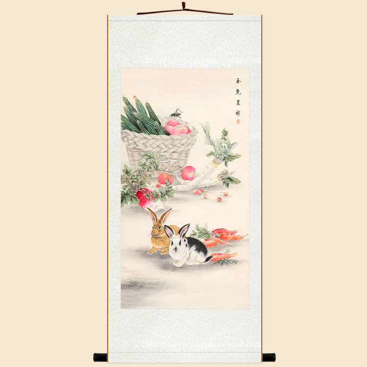 玉兔呈祥图动物画 兔子双兔卷轴挂画 兔年复古书房客厅装饰画定制图片